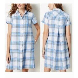J.Jill Love Linen Blue Plaid Shirt Dress • 100% Linen • Size S • Button Front